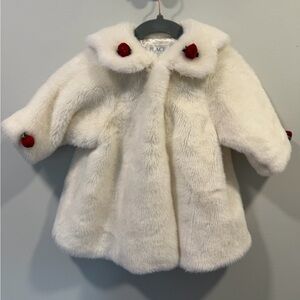 The Children's Place Cream Faux Fur Coat with Red Rose Details